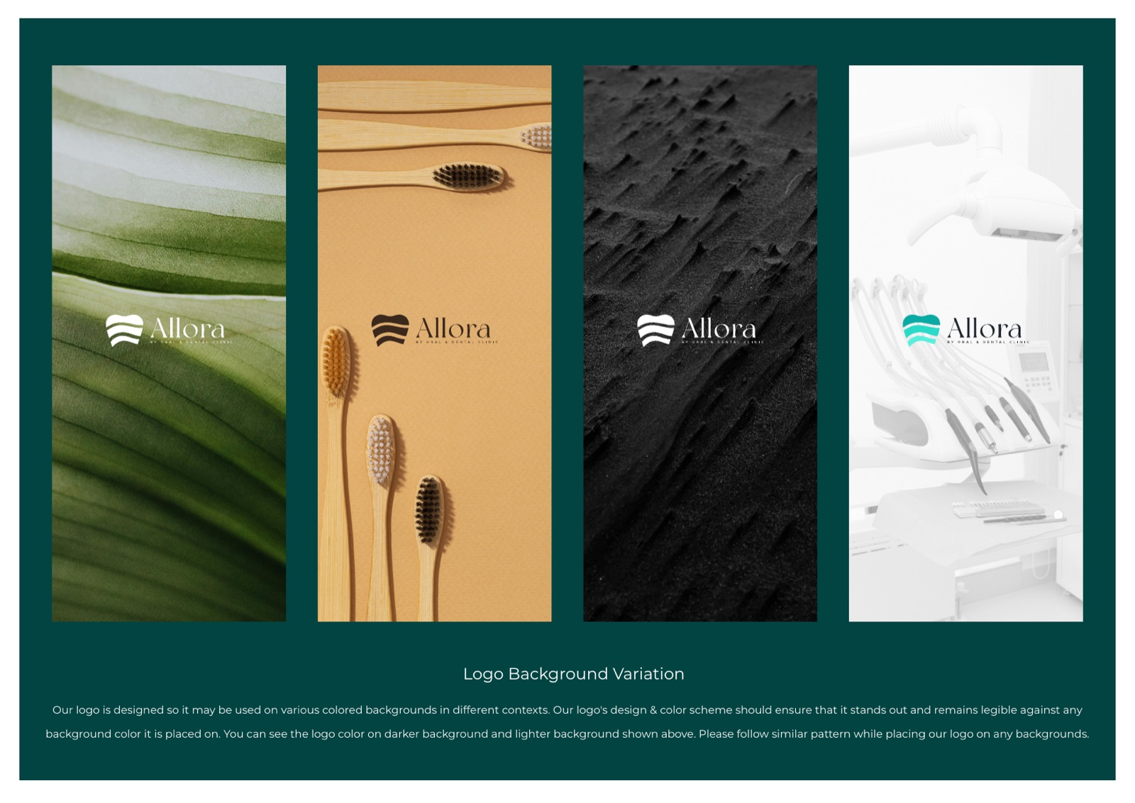The Allora mark placed across four different background treatments