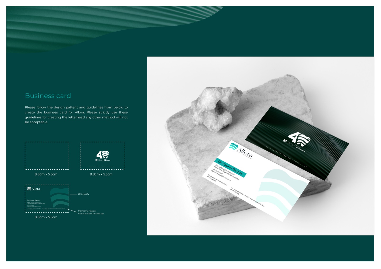 The Allora business card design, front and back