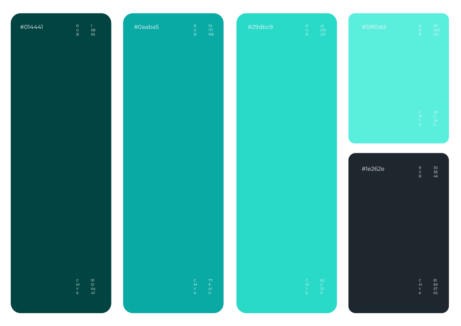The Allora colour palette with hex, RGB and CMYK values