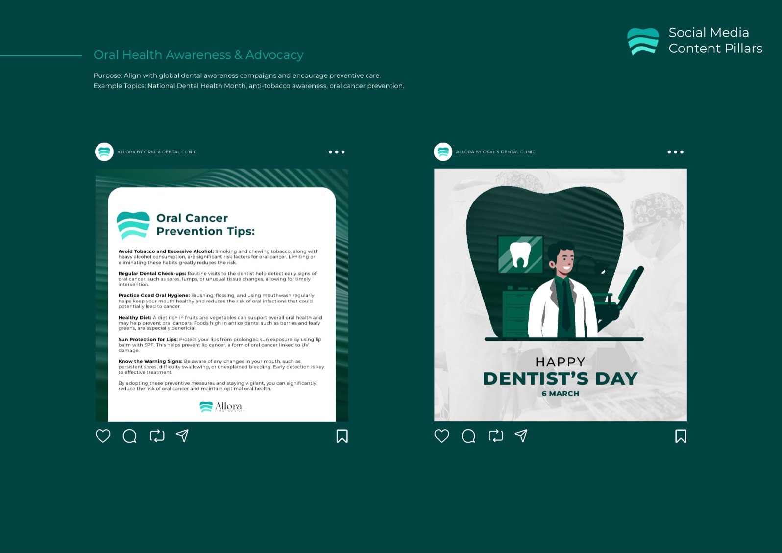 Allora social media posts for World Dentist's Day in teal