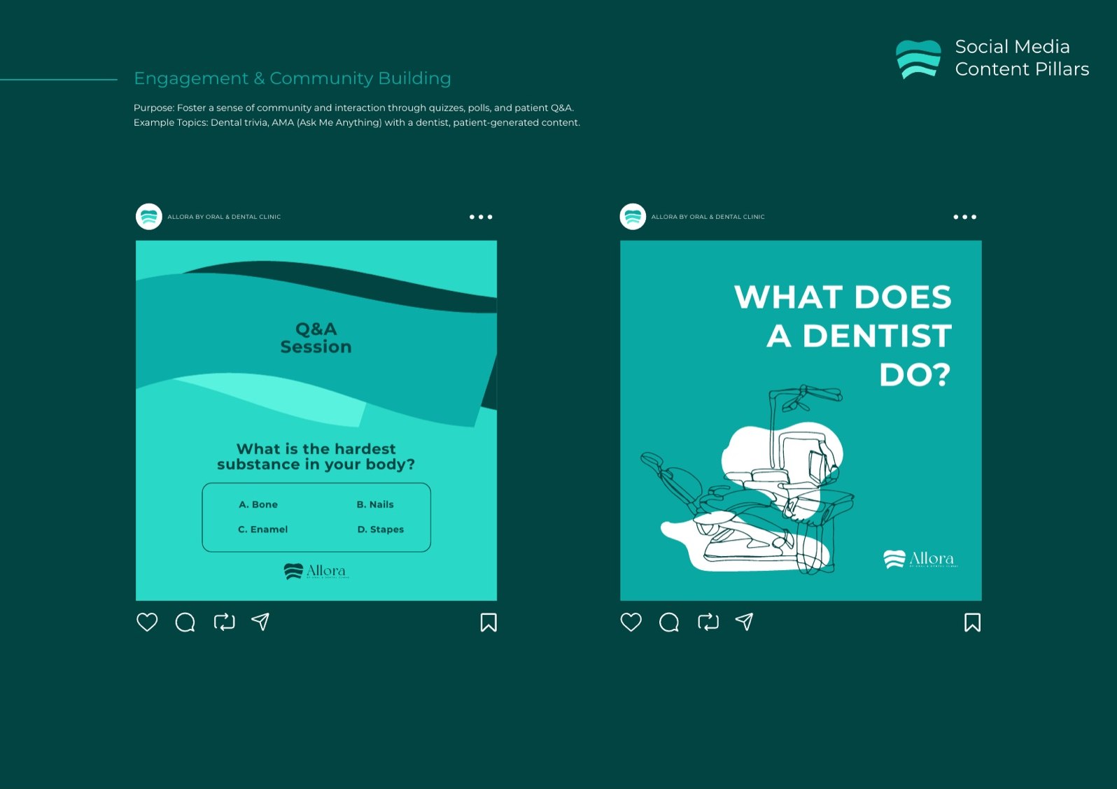 Allora patient-education social posts and Instagram story frames