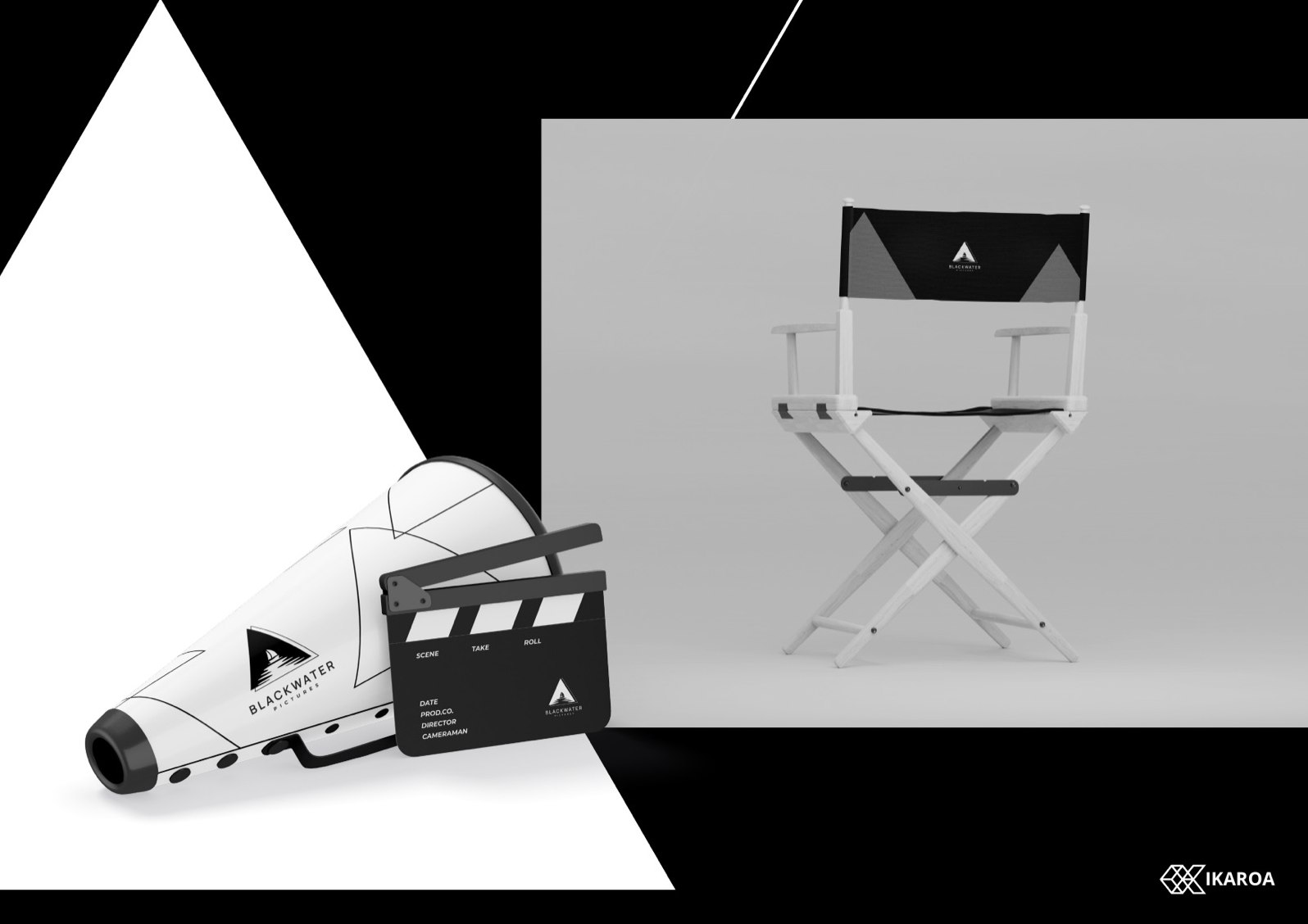 BlackWater Pictures branded clapperboard, megaphone and director chair