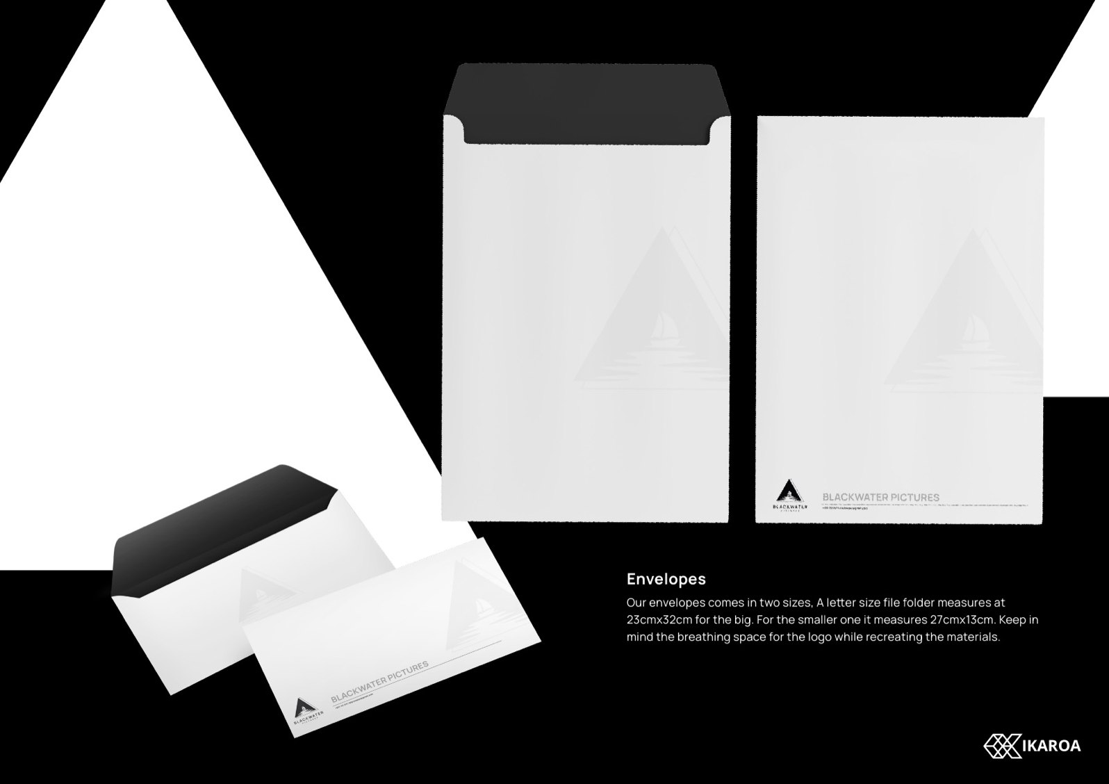 BlackWater Pictures letterhead and envelopes with the embossed triangle