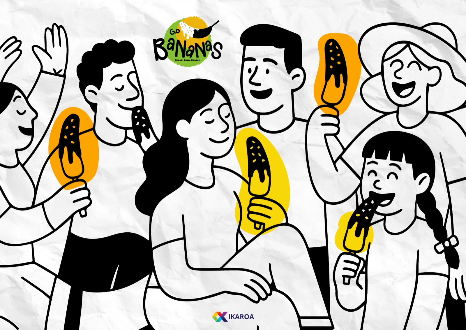 Go Bananas illustrated characters holding chocolate-dipped frozen bananas