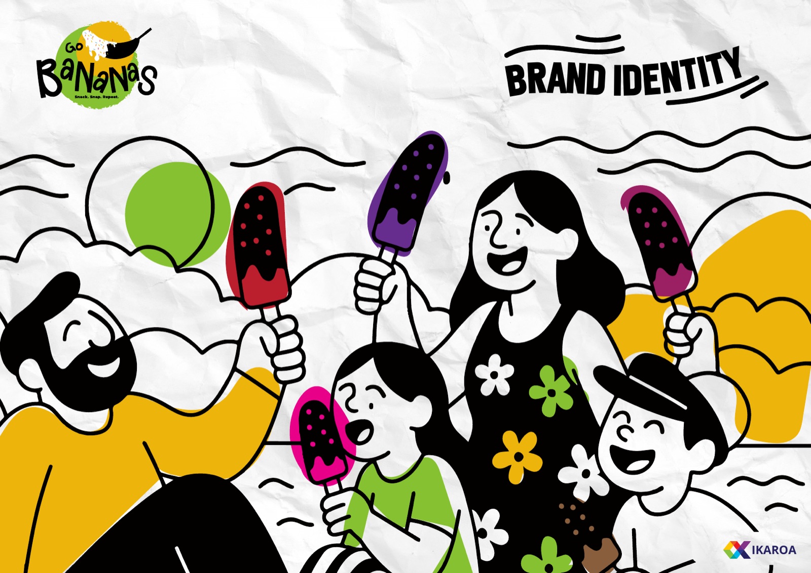 Go Bananas brand identity cover, hand-drawn illustration of a family eating chocolate-dipped frozen bananas
