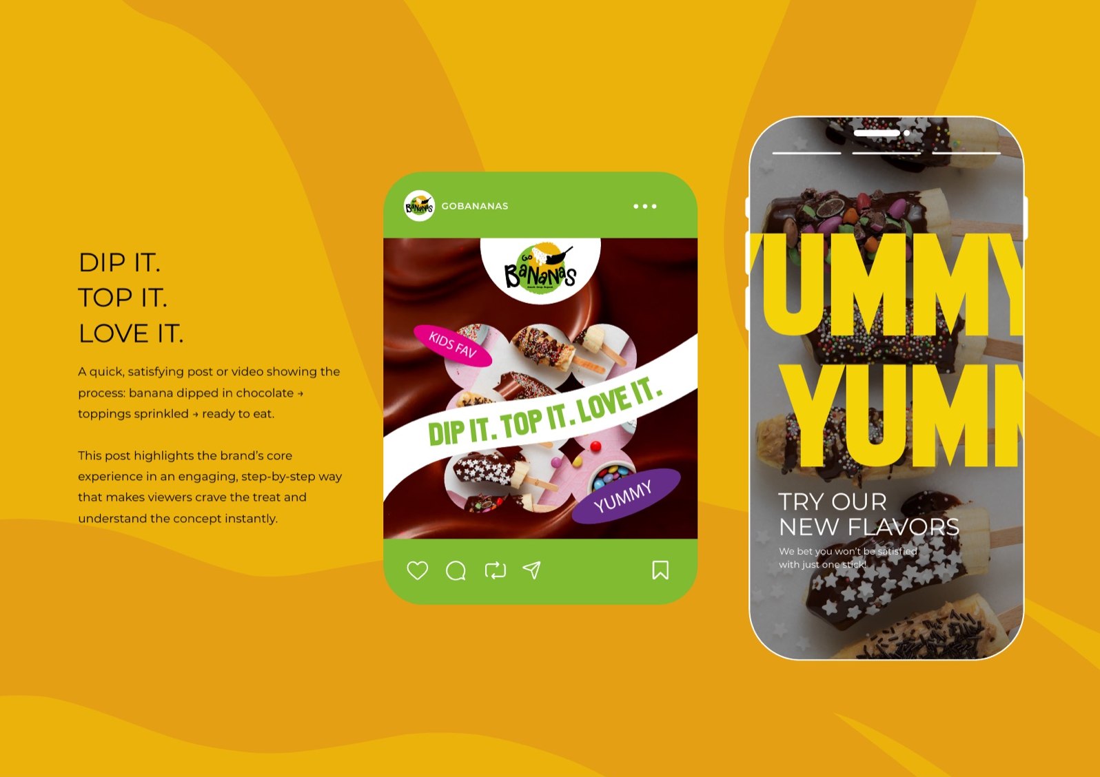 Go Bananas snack packaging and a Yummy Yum social post