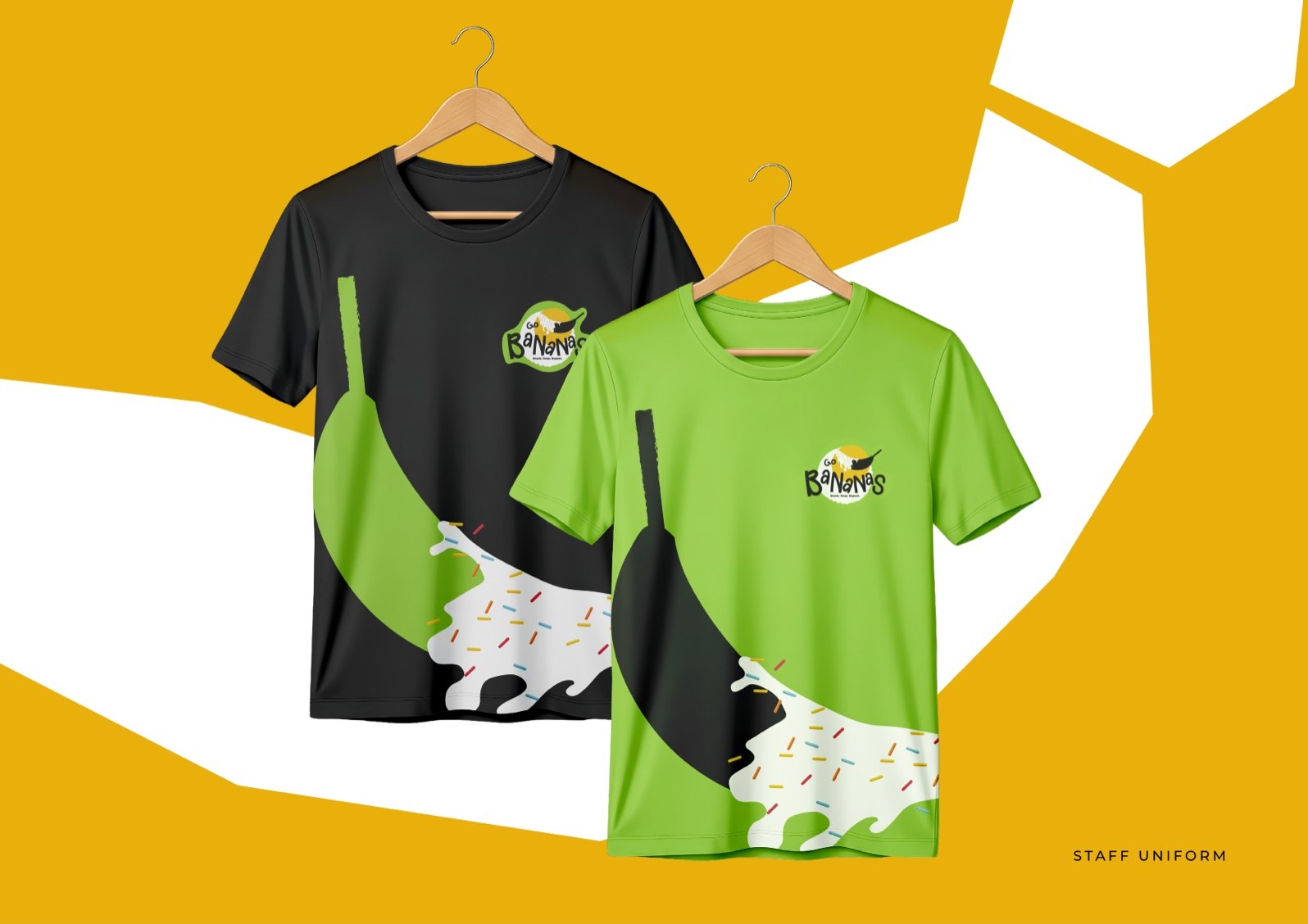 Go Bananas staff tees in black and green