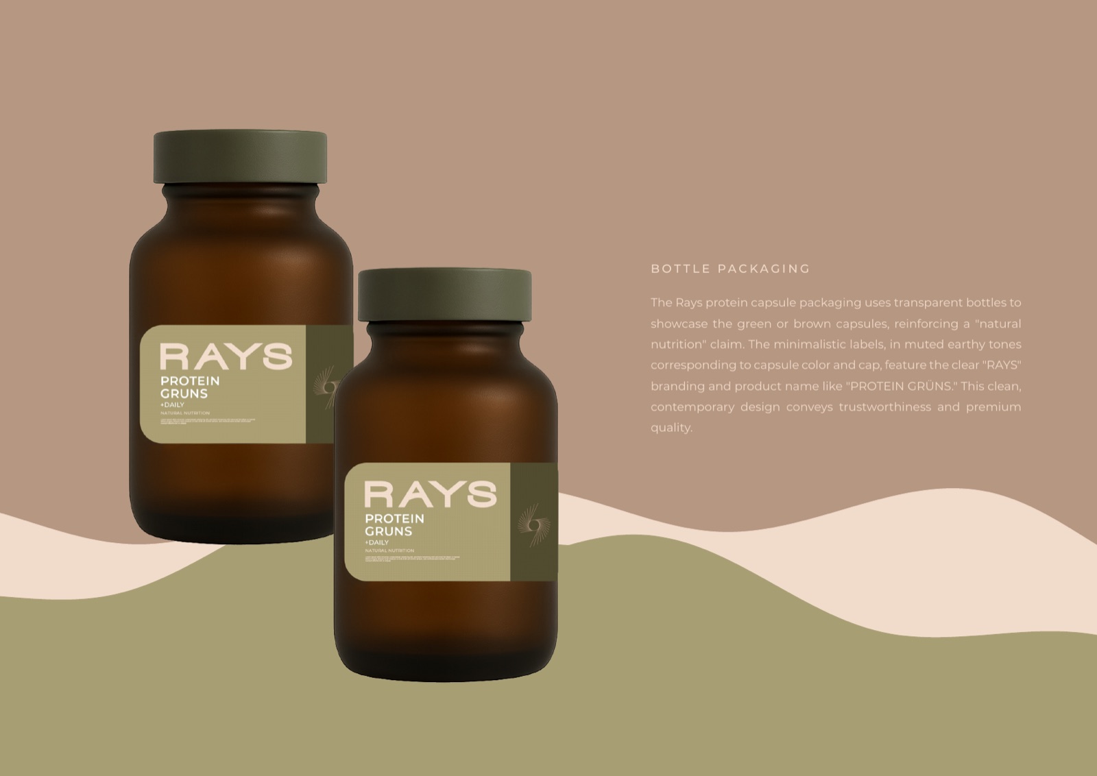 RAYS amber supplement jars with sage labels