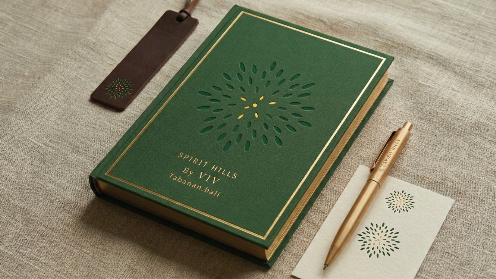 Spirit Hills brochure, a forest-green hardcover embossed with the seed-burst