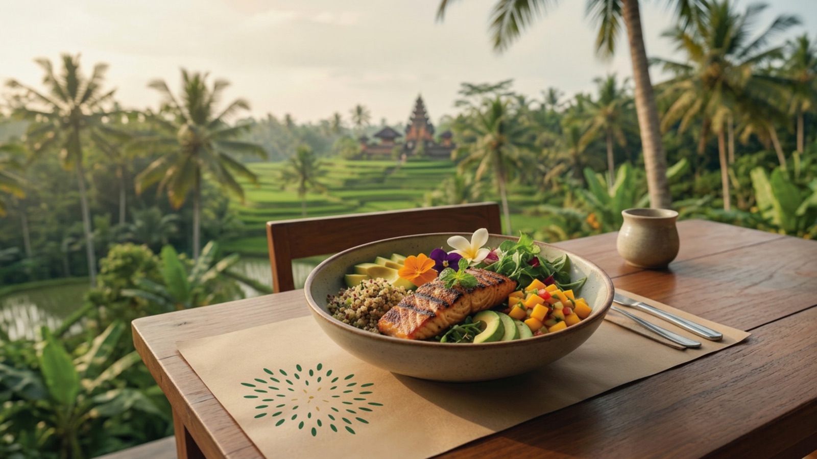 A Balinese farm-to-table dish on a teak tray with rice terraces behind