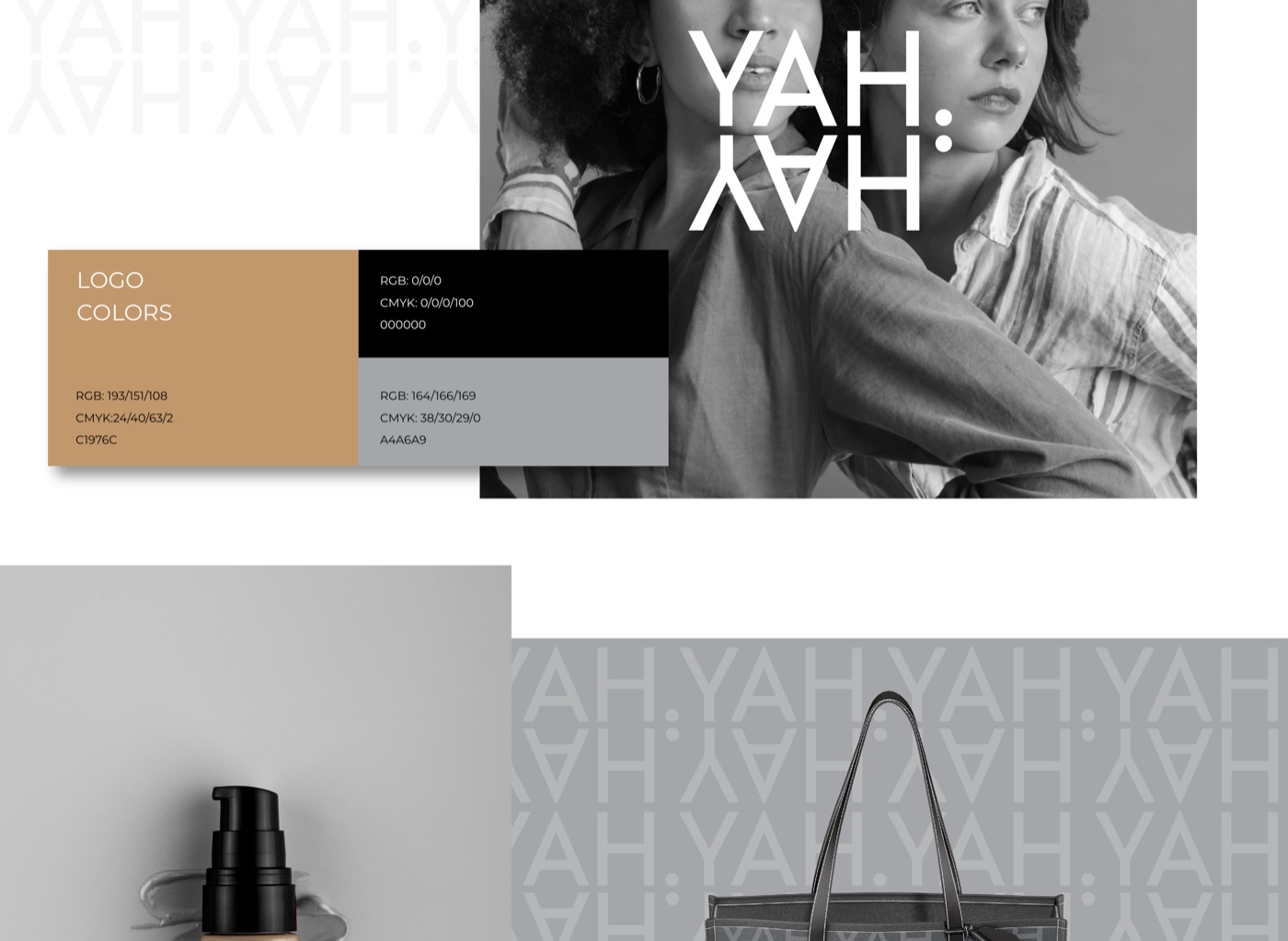 YAHYAH logo colours, tan, grey and black, with product